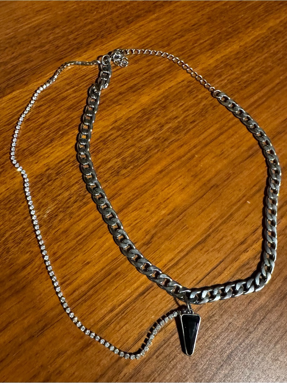 Chunky Silver Chain Necklace with Black Pendant and Crystal Chain